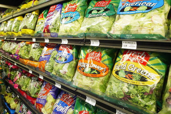 SAN FRANCISCO - JUNE 19:  Fresh Express & Ready Pak Pre-Packaged salad sits on the shelf at a Bell Market grocery store June 19, 2003 in San Francisco, California.  Packaged salad which was near non-existent a decade ago has become the second fastest sell