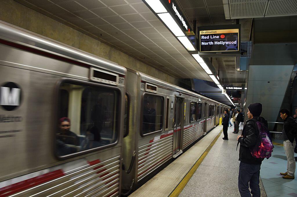 A train pulls into the station at the Universal City Metro train station on December 6, 2016 in Universal City, California. Authorities ratcheted up security on the Los Angeles metro following a tip from overseas about an impending bomb attack Tuesday against a station in the sprawling rail network. The threat was relayed by an anonymous man who called a public safety line run by an unidentified foreign government, which then passed on the information to a Federal Bureau of Investigation terrorism task force, said Deirdre Fike, assistant director in charge of the FBI's office in Los Angeles.  / AFP / Robyn Beck        (Photo credit should read ROBYN BECK/AFP/Getty Images)