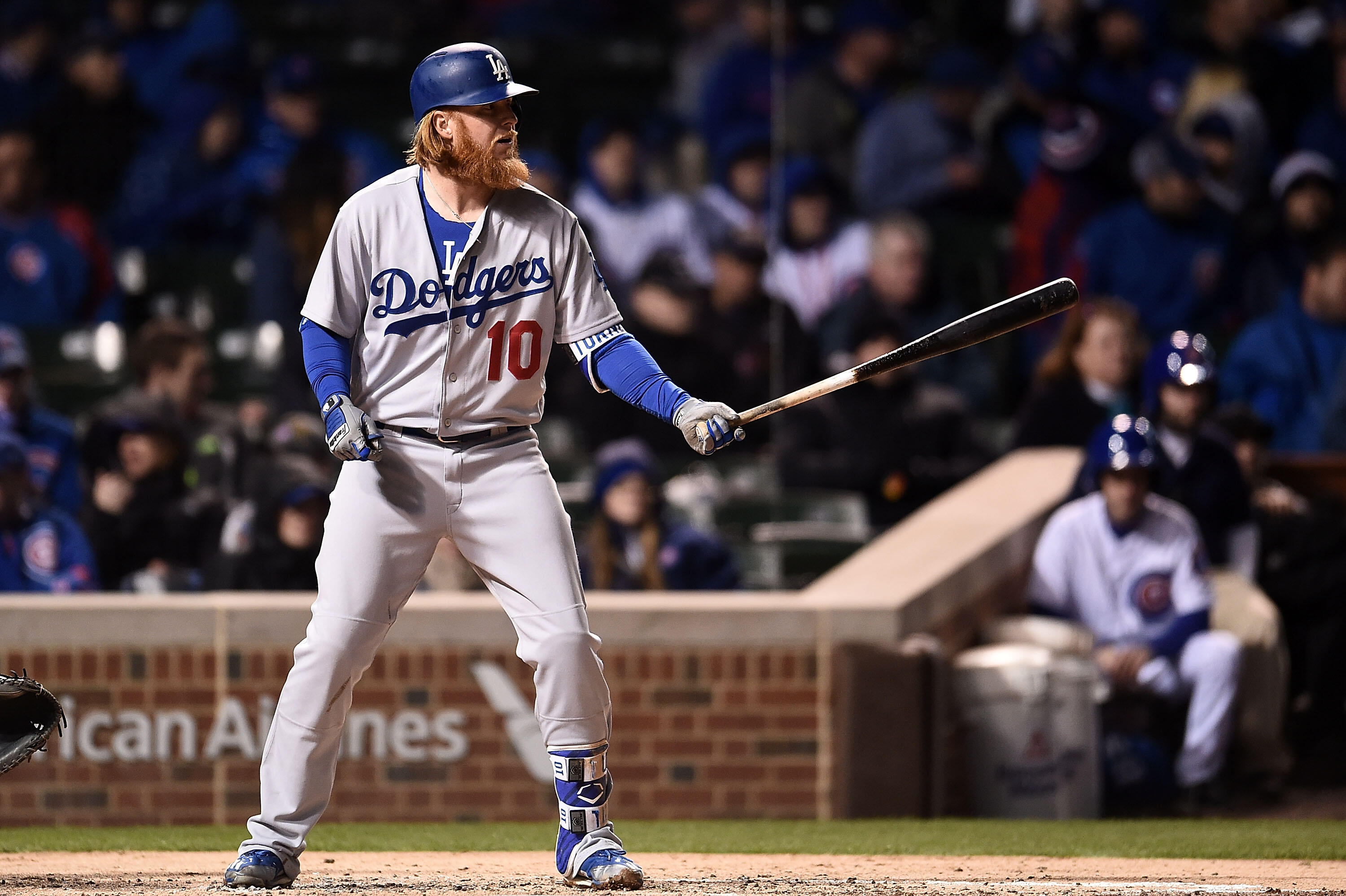 CHICAGO, IL - APRIL 10:  Justin Turner #10 of the Los Angeles Dodgers waits for a pitch during the fourth inning of a game against the Chicago Cubs at Wrigley Field on April 10, 2017 in Chicago, Illinois.  (Photo by Stacy Revere/Getty Images)