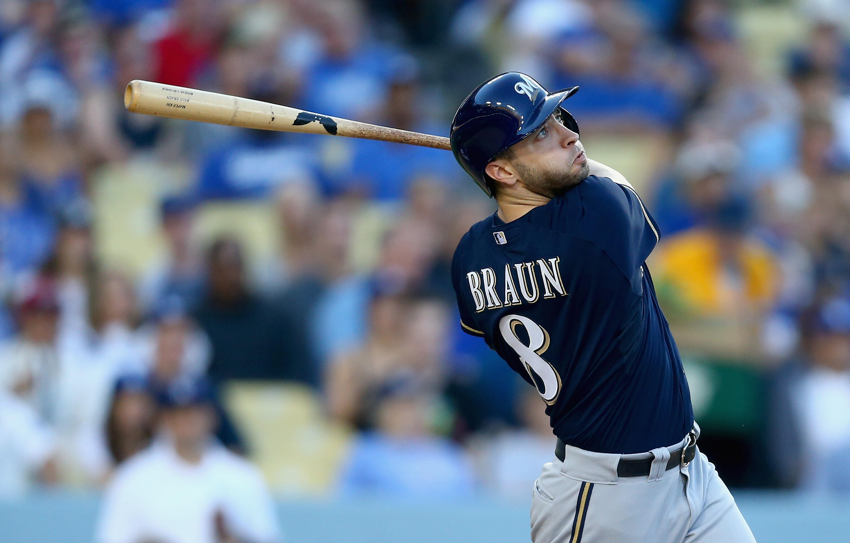 LOS ANGELES, CA - AUGUST 16:  Ryan Braun #8 of the Milwaukee Brewers hits a two-run homerun against the Los Angeles Dodgers in the fourth inning at Dodger Stadium on August 16, 2014 in Los Angeles, California.  (Photo by Jeff Gross/Getty Images)
