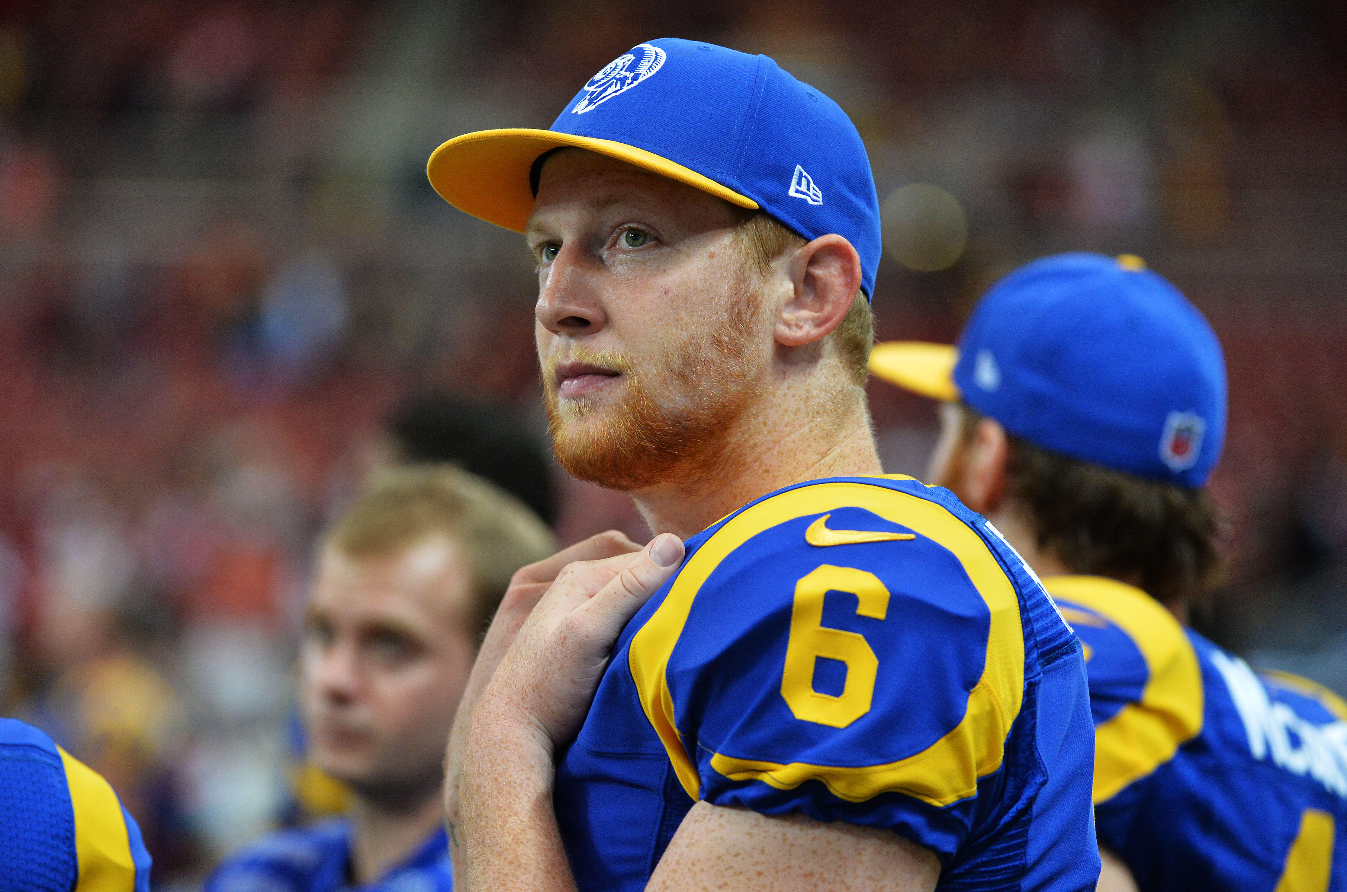 ST LOUIS, MO - OCTOBER 13:  Johnny Hekker #6 of the St. Louis Rams reacts during the fourth quarter of their 31 to 17 loss to the San Francisco 49ers at Edward Jones Dome on October 13, 2014 in St Louis, Missouri.  (Photo by Michael Thomas/Getty Images)