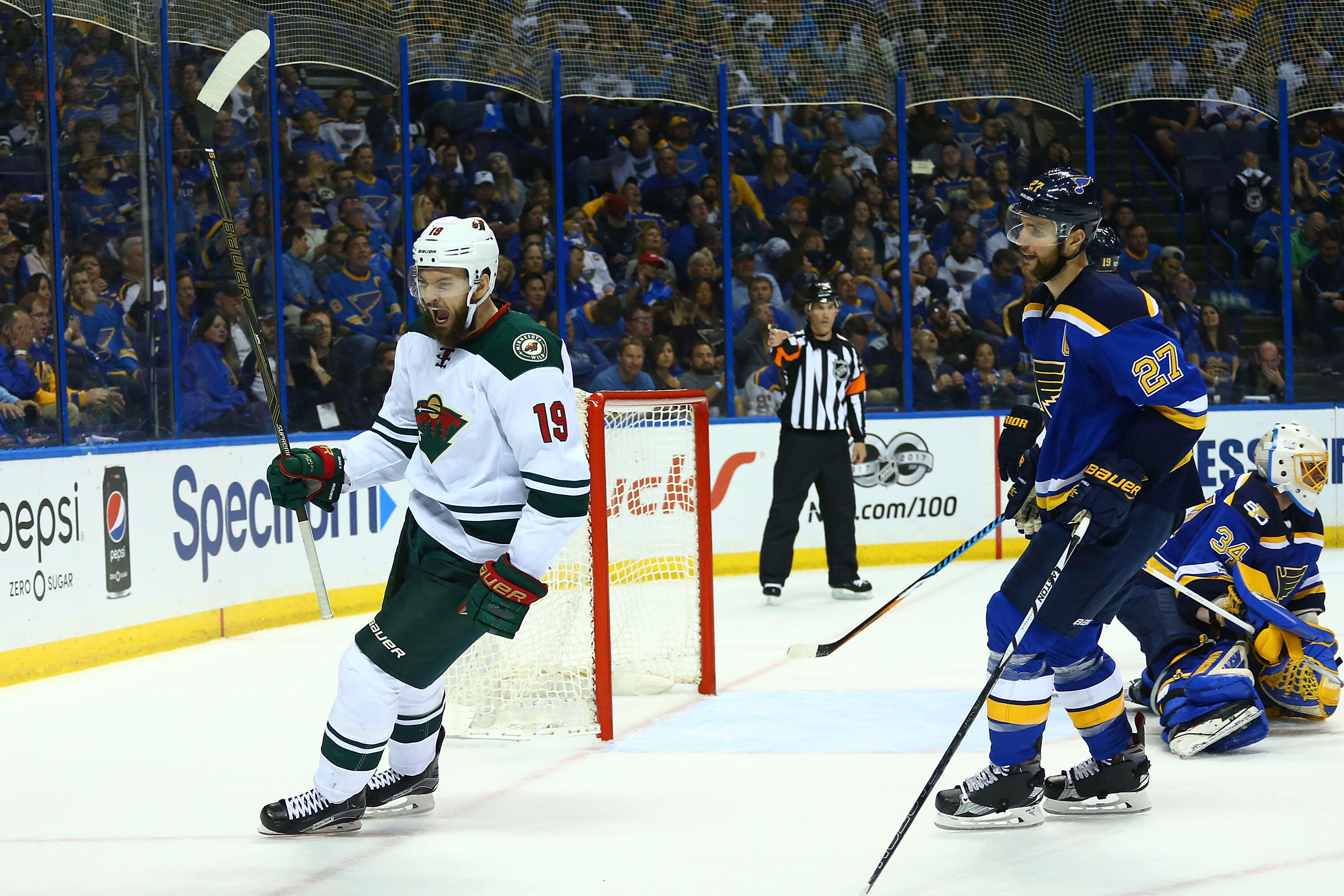 ST. LOUIS, MO - APRIL 19:  Martin Hanzal #19 of the Minnesota Wild celebrates after scoring a goal against Jake Allen #34 and Alex Pietrangelo #27 of the St. Louis Blues in Game Four of the Western Conference First Round during the 2017 NHL Stanley Cup Pl