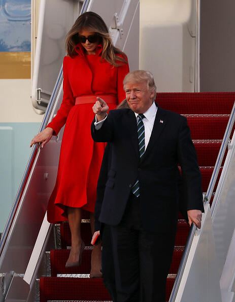 WEST PALM BEACH, FL - MARCH 17:  President Donald Trump his wife Melania Trump arrive together on Air Force One at the Palm Beach International Airport to spend part of the weekend at Mar-a-Lago resort on March 17, 2017 in West Palm Beach, Florida. President Trump has made numerous trips to his Florida home since the inauguration.  (Photo by Joe Raedle/Getty Images)