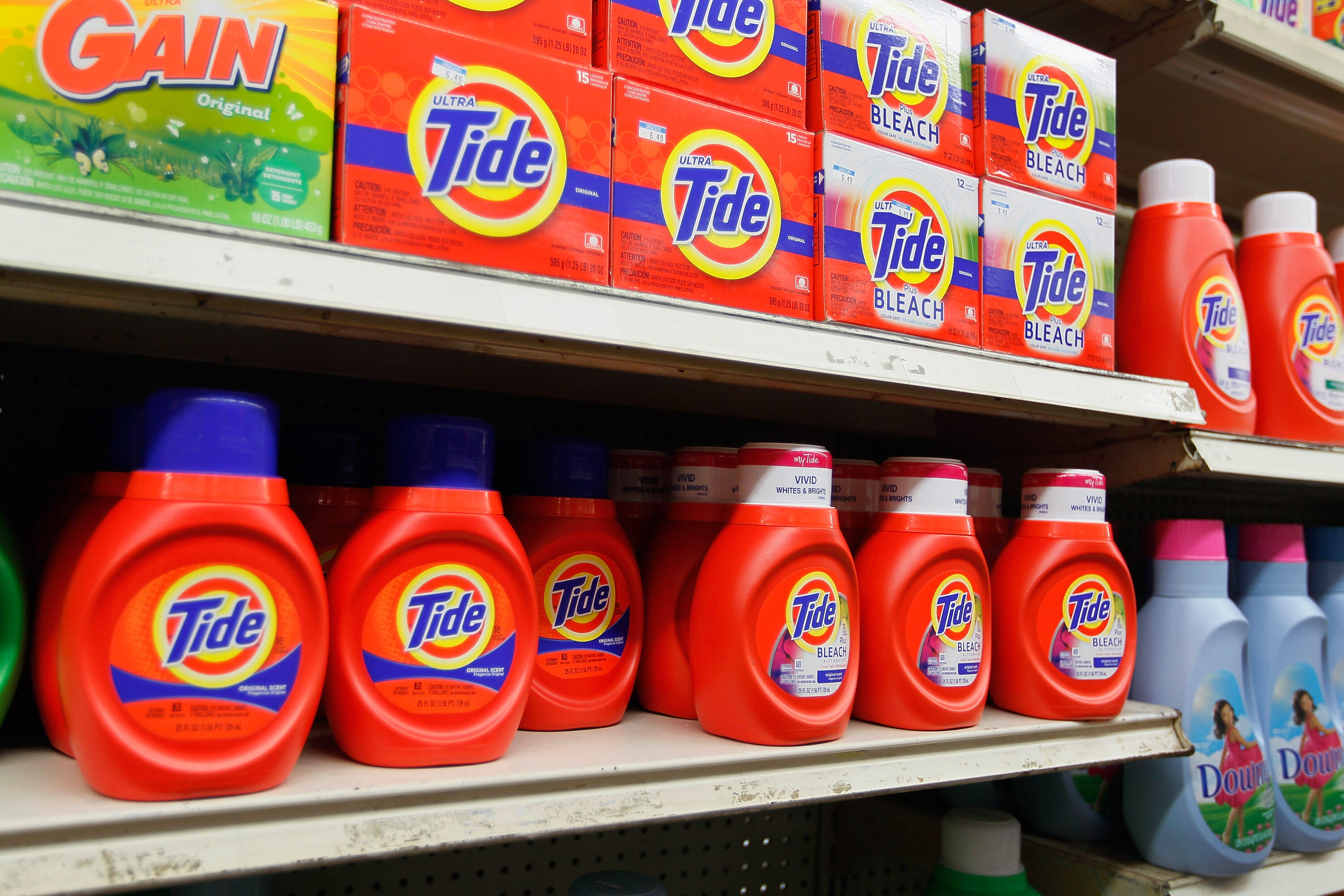 MIAMI, FL - MARCH 13:  Tide laundry detergent is seen on a store shelf on March 13, 2012 in Miami, Florida. It was recently reported that the theft and black market re-sale of Tide laundry detergent is presumably on the rise however even though law enforc