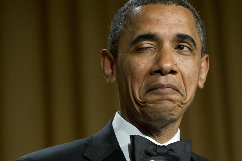 US President Barack Obama winks as he tells a joke about his place of birth during the White House Correspondents Association Dinner in Washington, DC, April 28, 2012. The annual event, which brings together US President Barack Obama, Hollywood celebritie