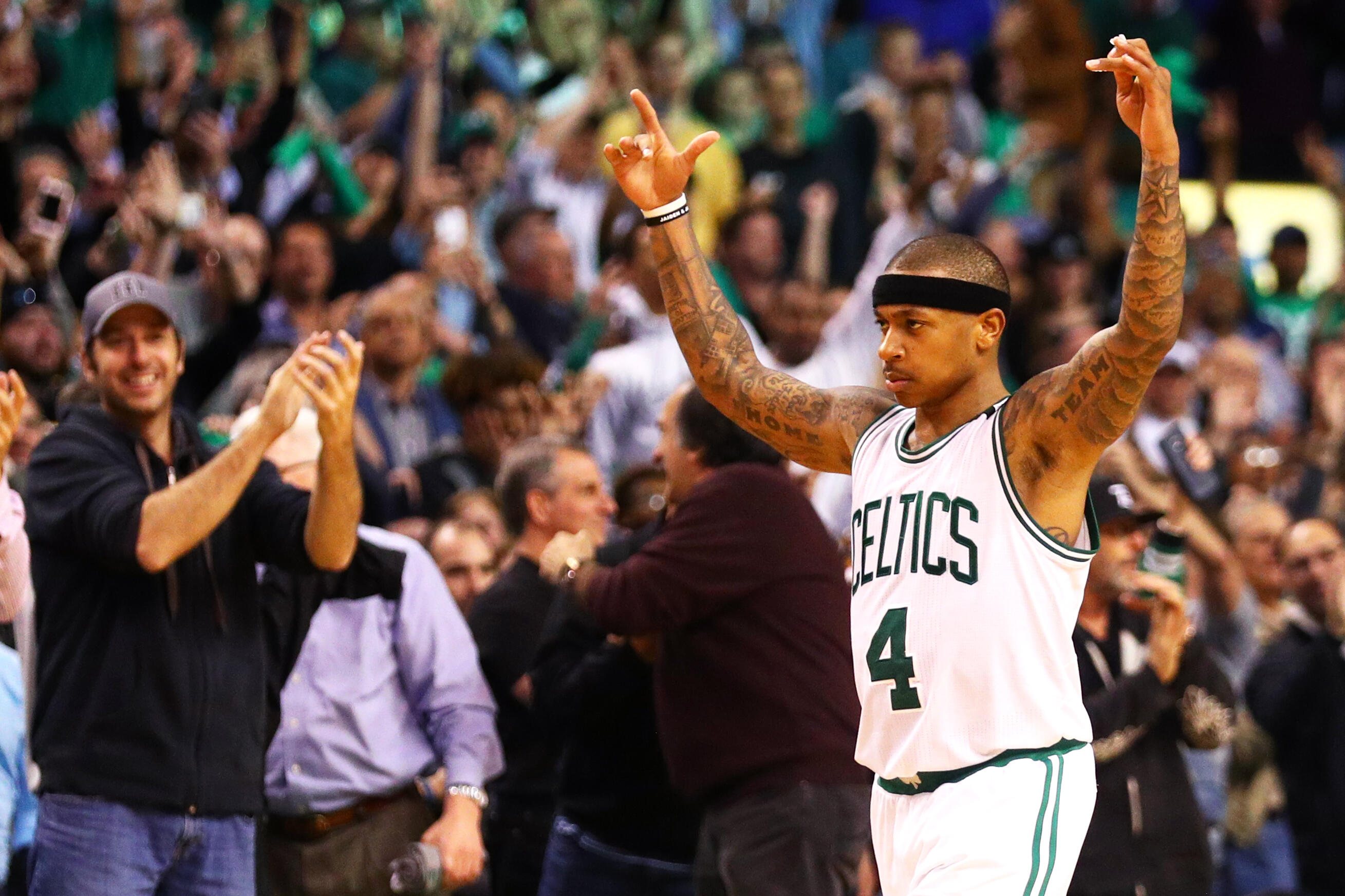 BOSTON, MA - MAY 2: Isaiah Thomas #4 of the Boston Celtics celebrates at the end the Celtics 129-119 overtime win over the Washington Wizards in Game Two of the Eastern Conference Semifinals at TD Garden on May 2, 2017 in Boston, Massachusetts. NOTE TO US