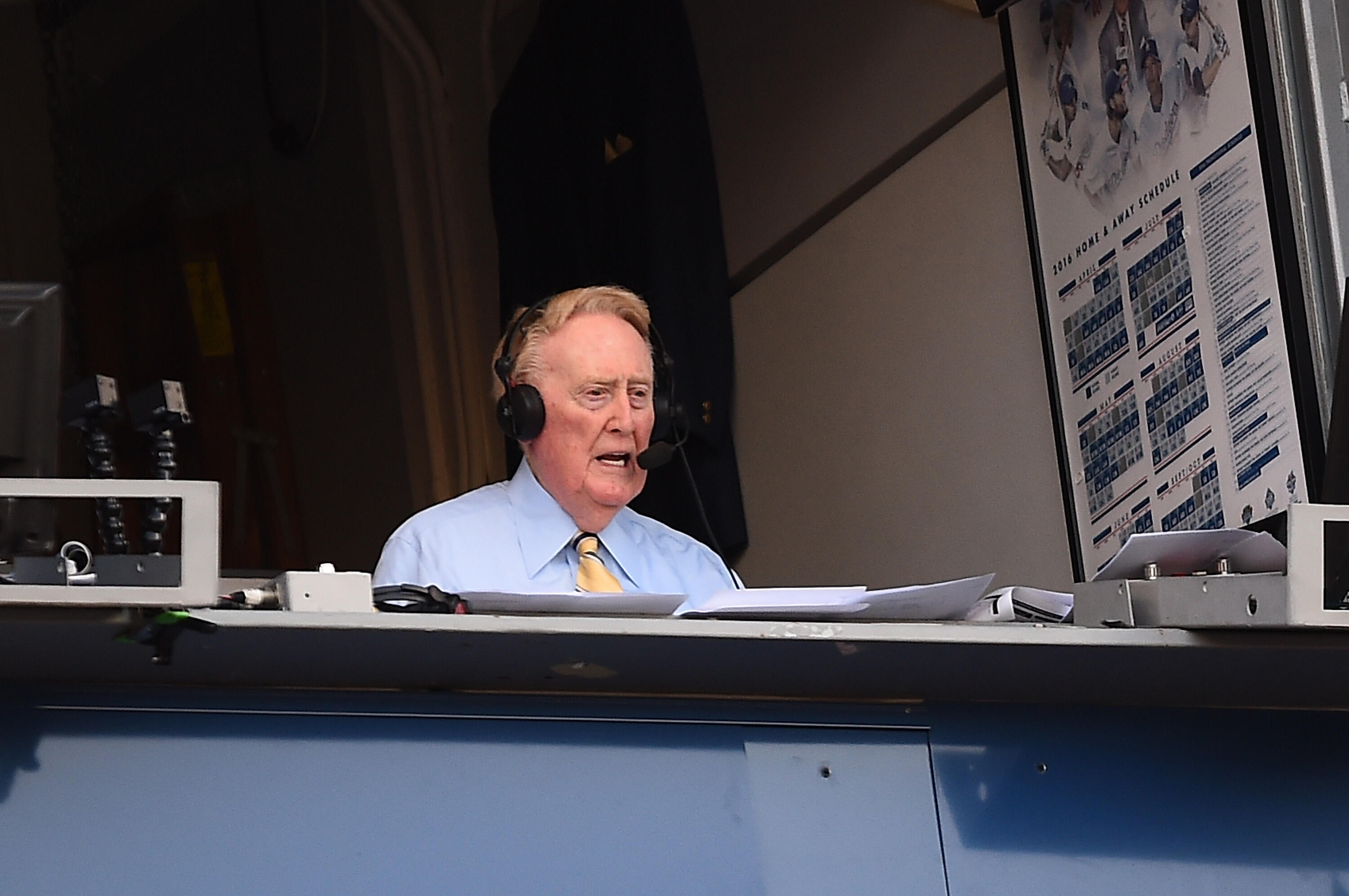 LOS ANGELES, CA - JULY 1:    Los Angeles Dodgers broadcaster Vin Scully announces the game against the Colorado Rockies at Dodger Stadium on July 1, 2016 in Los Angeles, California. (Photo by Jayne Kamin-Oncea/Getty Images.)
