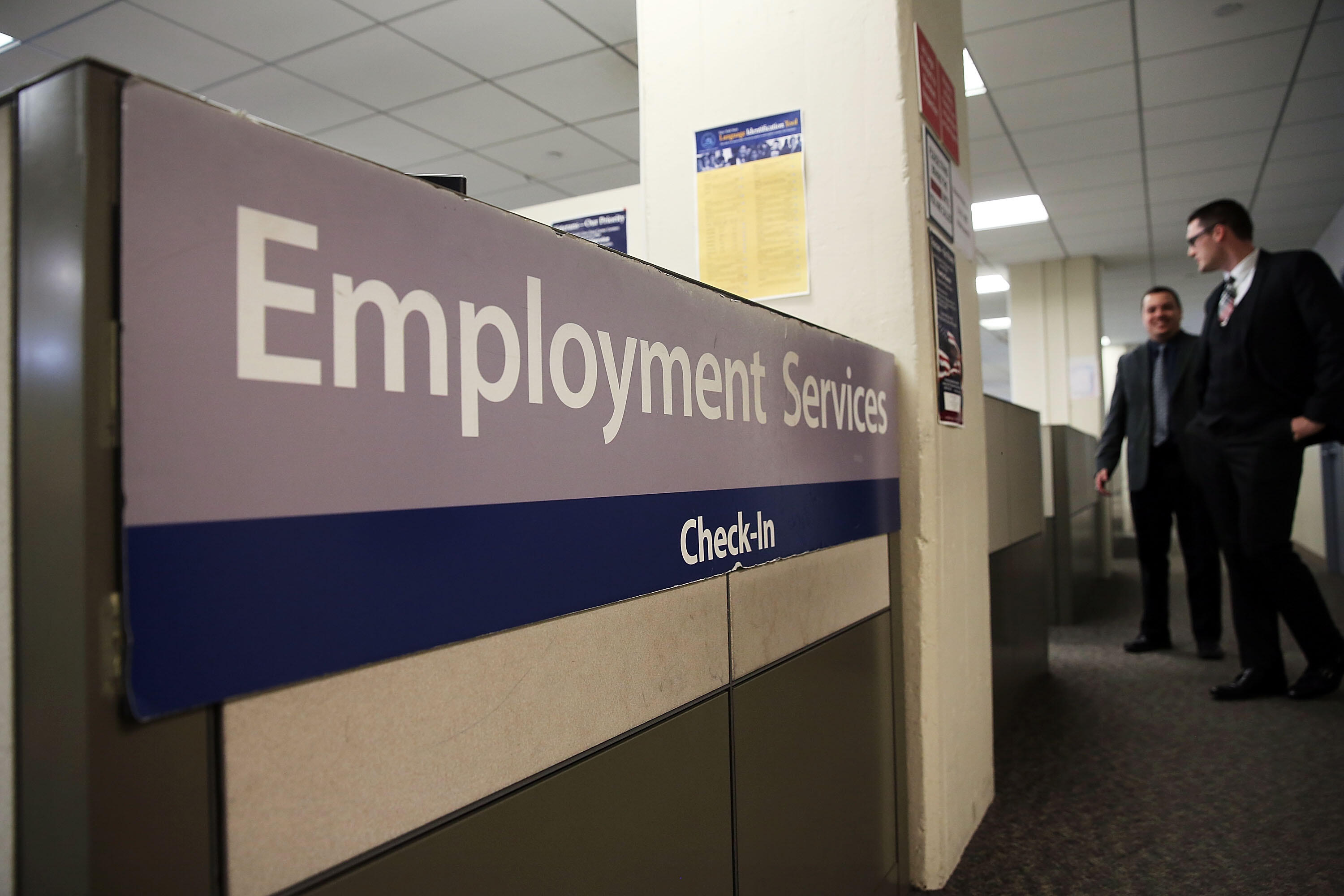 NEW YORK, NY - MARCH 06: A New York Labor Department office is viewed in Manhattan on March 6, 2015 in New York City. Beating expectations, the Labor Department reported on Friday that employers added 295,000 workers in February. The robust numbers brough
