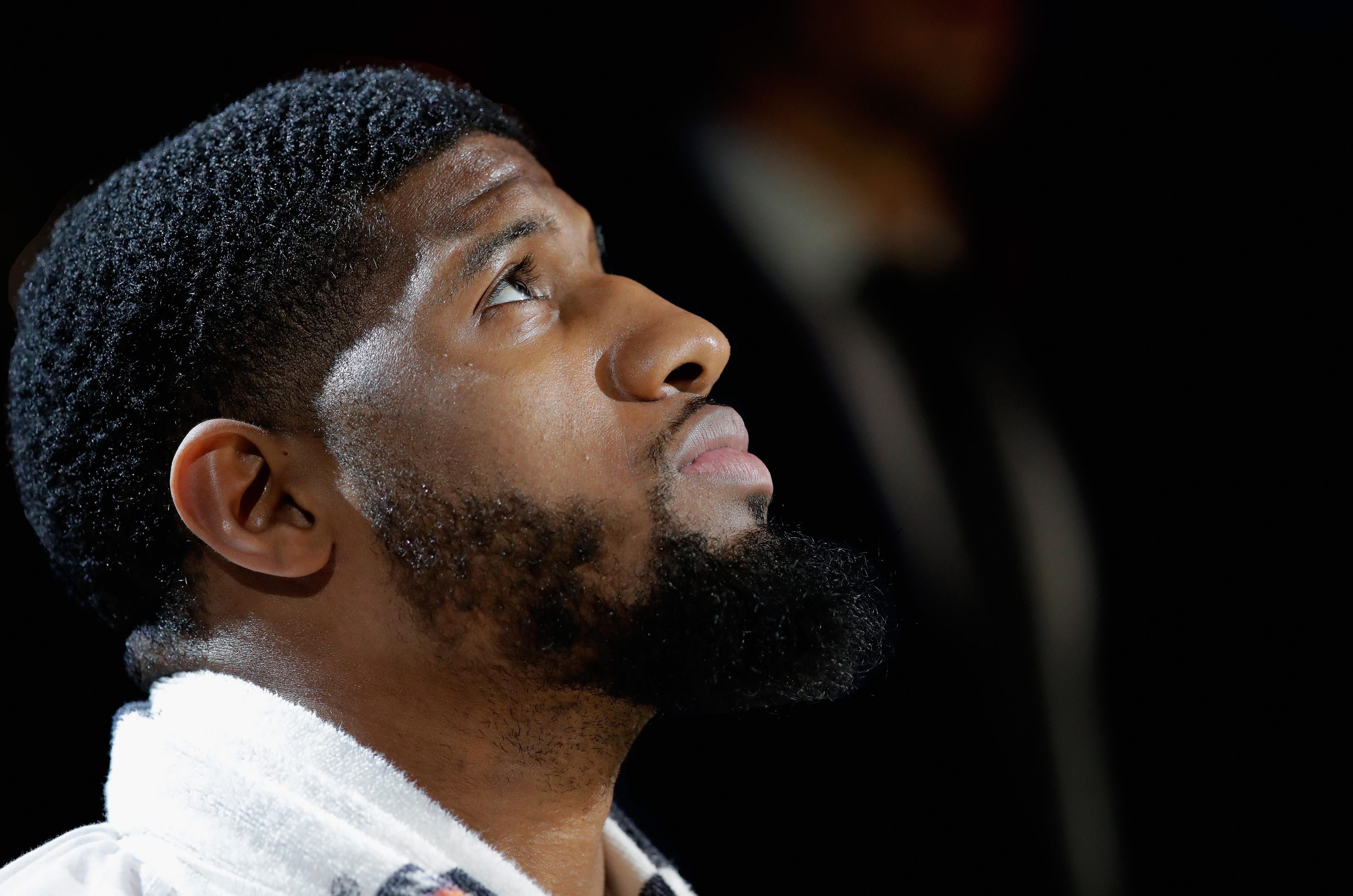 INDIANAPOLIS, IN - MARCH 28: Paul George #13 of the Indiana Pacers waits to be introduced before the game against the Minnesota Timberwolves at Bankers Life Fieldhouse on March 28, 2017 in Indianapolis, Indiana.  NOTE TO USER: User expressly acknowledges 