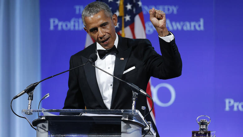 WASHINGTON, DC - MAY 7:  Former U.S. President Barack Obama speaks after receiving the 2017 John F. Kennedy Profile In Courage Award from Caroline Kennedy at the John F. Kennedy Library May 7, 2017 in Boston, Massachusetts. Obama was honored for 