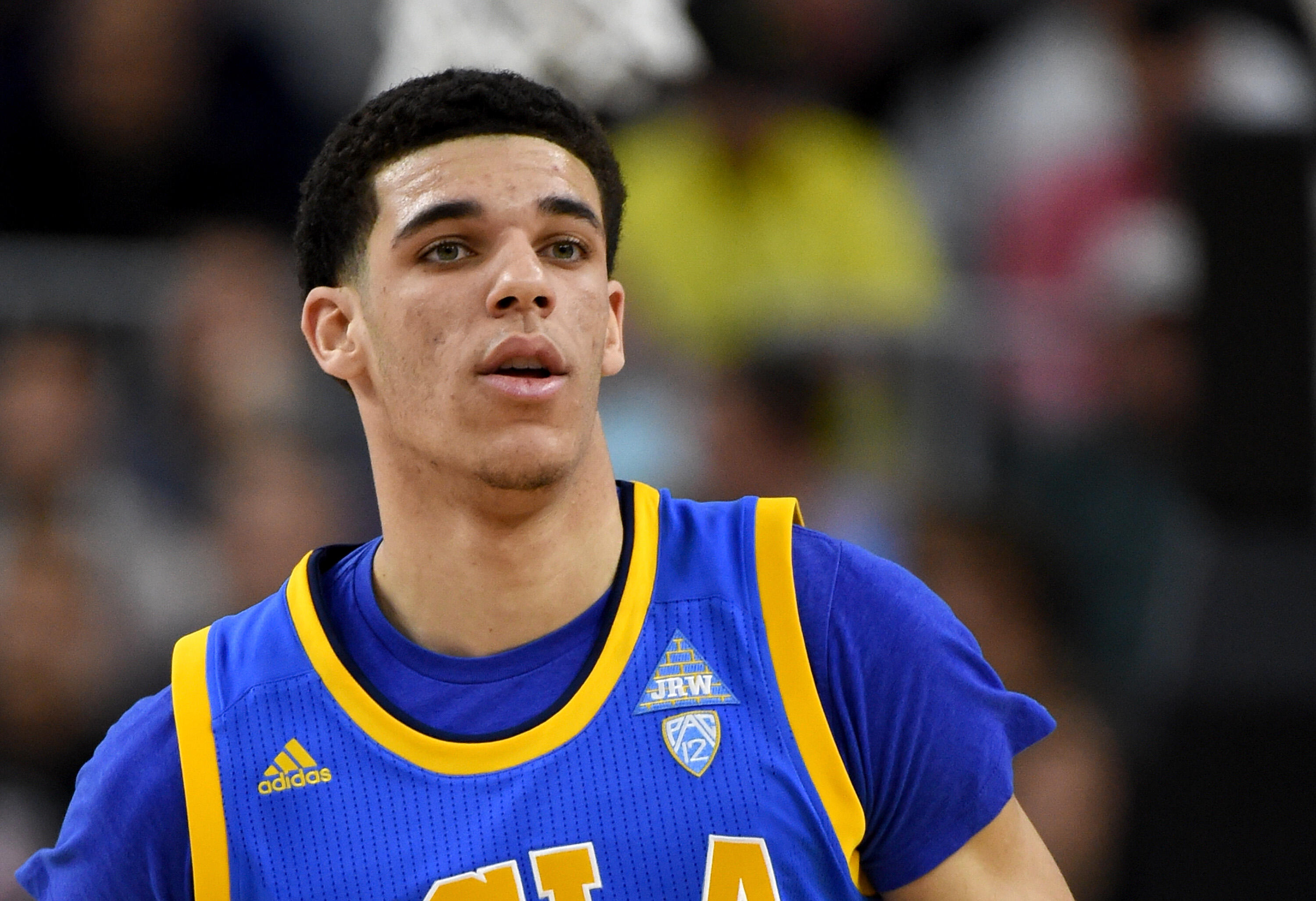 LAS VEGAS, NV - MARCH 10:  Lonzo Ball #2 of the UCLA Bruins runs on the court during a semifinal game of the Pac-12 Basketball Tournament against the Arizona Wildcats at T-Mobile Arena on March 10, 2017 in Las Vegas, Nevada. Arizona won 86-75.  (Photo by 