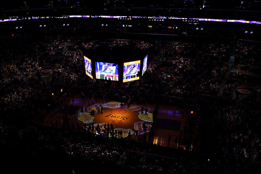 LOS ANGELES, CA - JUNE 07:  The Los Angeles Lakers logo is shown on the floor before the start of Game Two of the 2009 NBA Finals between the Los Angeles Lakers and the Orlando Magic at Staples Center on June 7, 2009 in Los Angeles, California. NOTE TO US