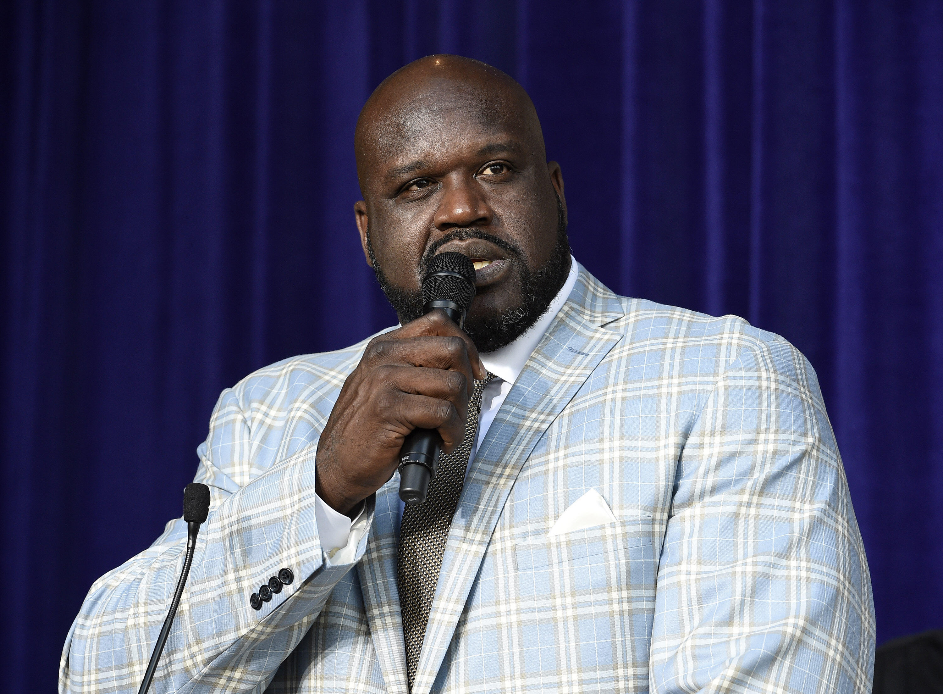 LOS ANGELES, CA - MARCH 24: Former Los Angeles Lakers player Shaquille O'Neal speaks after unveiling of his statue at Staples Center March 24, 2017, in Los Angeles, California. NOTE TO USER: User expressly acknowledges and agrees that, by downloading and 