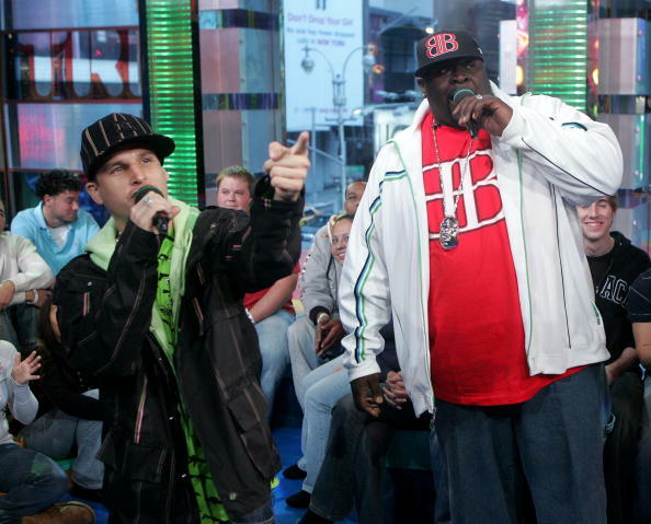 NEW YORK - NOVEMBER 02:  (U.S. TABS OUT) (L-R) Skater Rob Dyrdek and Christopher ?Big Black? Boykin from the show Rob & Big make an appearance on MTV's Total Request Live on November 2, 2006 in New York City.  (Photo by Peter Kramer/Getty Images)