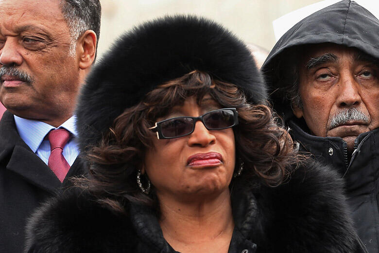 WASHINGTON, DC - FEBRUARY 27:  (L-R) Rep. Barbara Lee (D-CA), Rev. Jesse Jackson, Rep. Corrine Brown (D-FL), Rep. Charles Rangel (D-NY) and Rep. Maxine Waters (D-CA) rally with fellow members of Congress on the steps of the U.S. Supreme Court February 27,