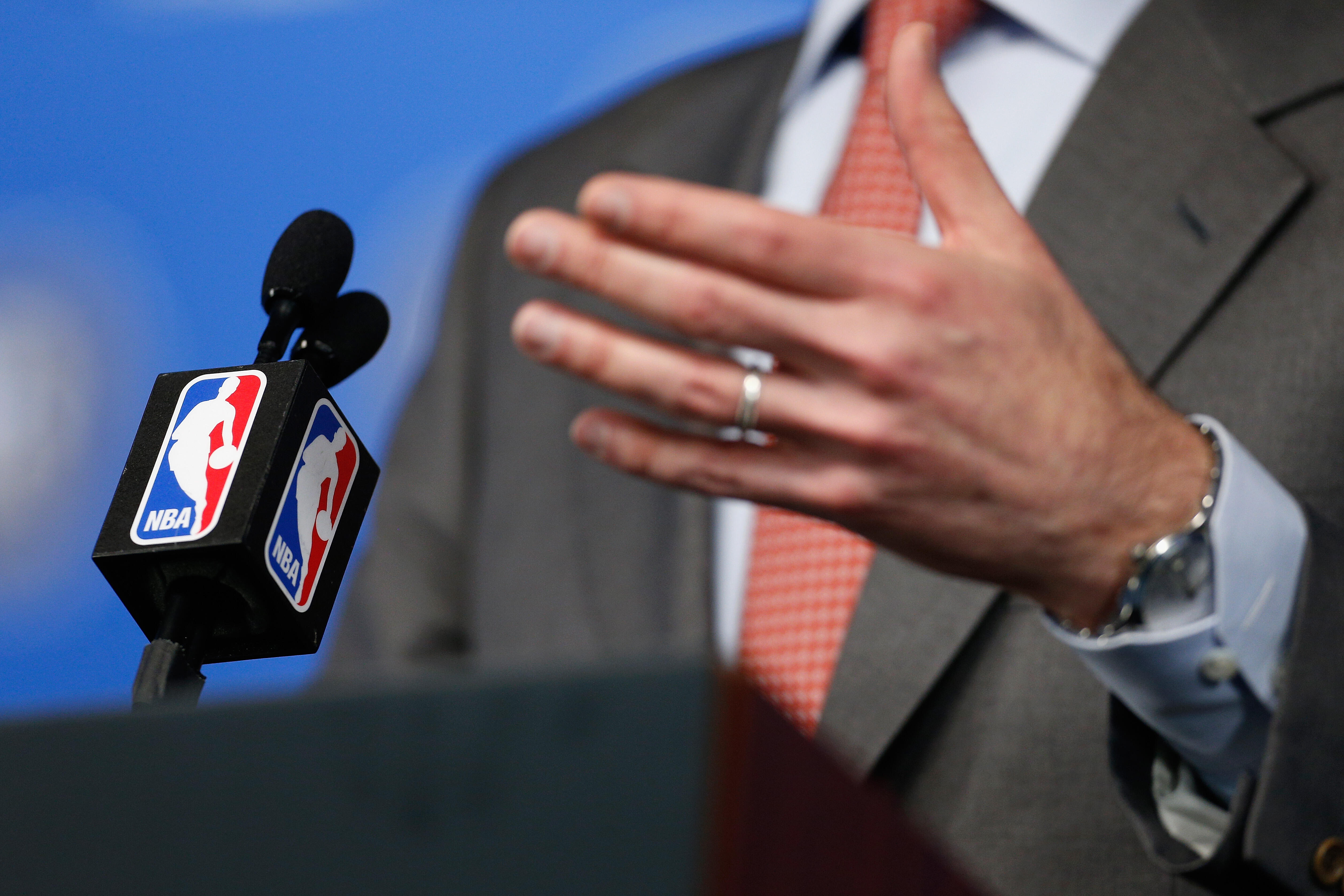 NEW ORLEANS, LA - FEBRUARY 18:  A detailed view of the microphone as NBA Commissioner Adam Silver speaks with the media during a press conference at Smoothie King Center on February 18, 2017 in New Orleans, Louisiana. NOTE TO USER: User expressly acknowle