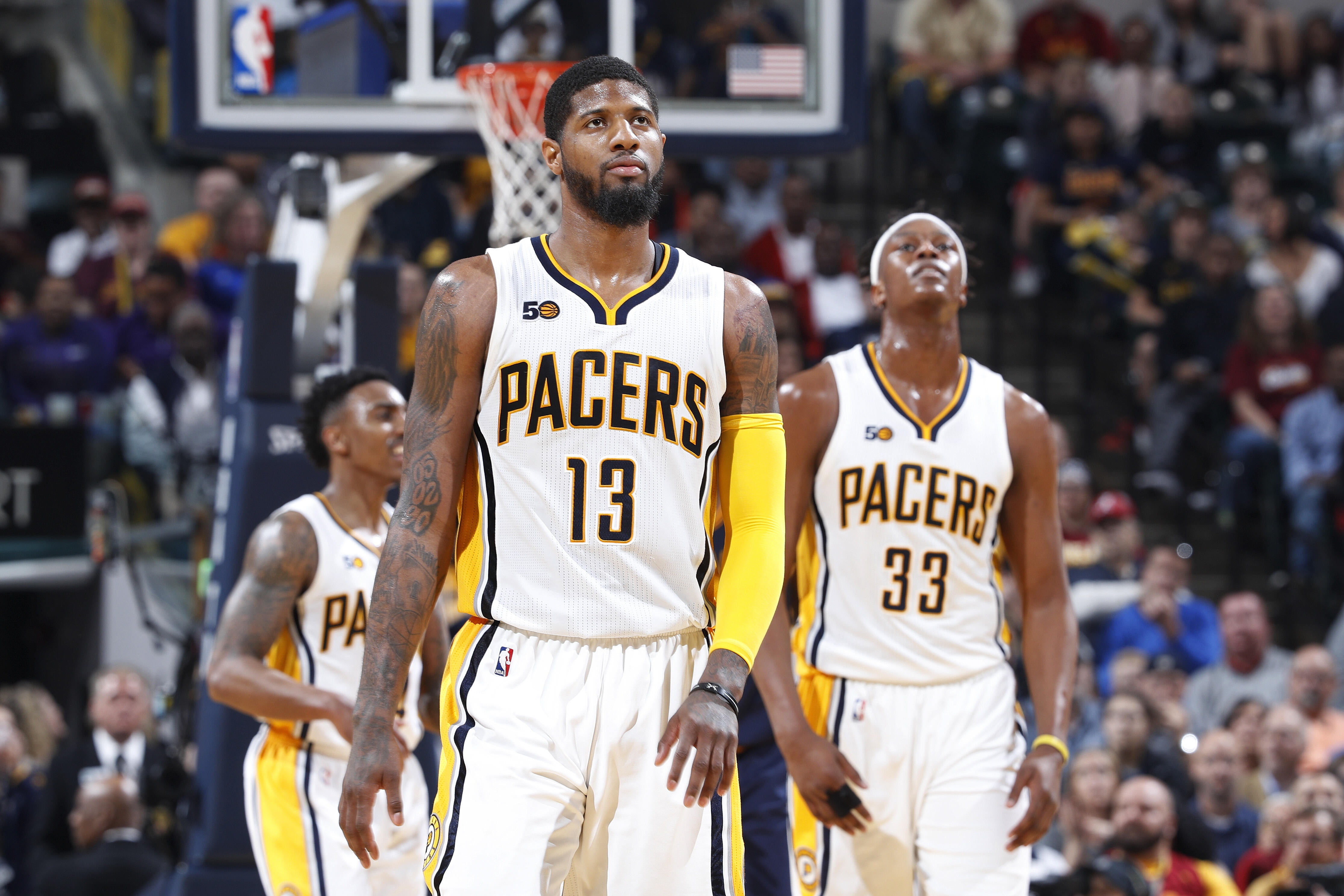 INDIANAPOLIS, IN - APRIL 23: Paul George #13 and Myles Turner #33 of the Indiana Pacers react in the second half of Game Four of the Eastern Conference Quarterfinals during the 2017 NBA Playoffs against the Cleveland Cavaliers at Bankers Life Fieldhouse o