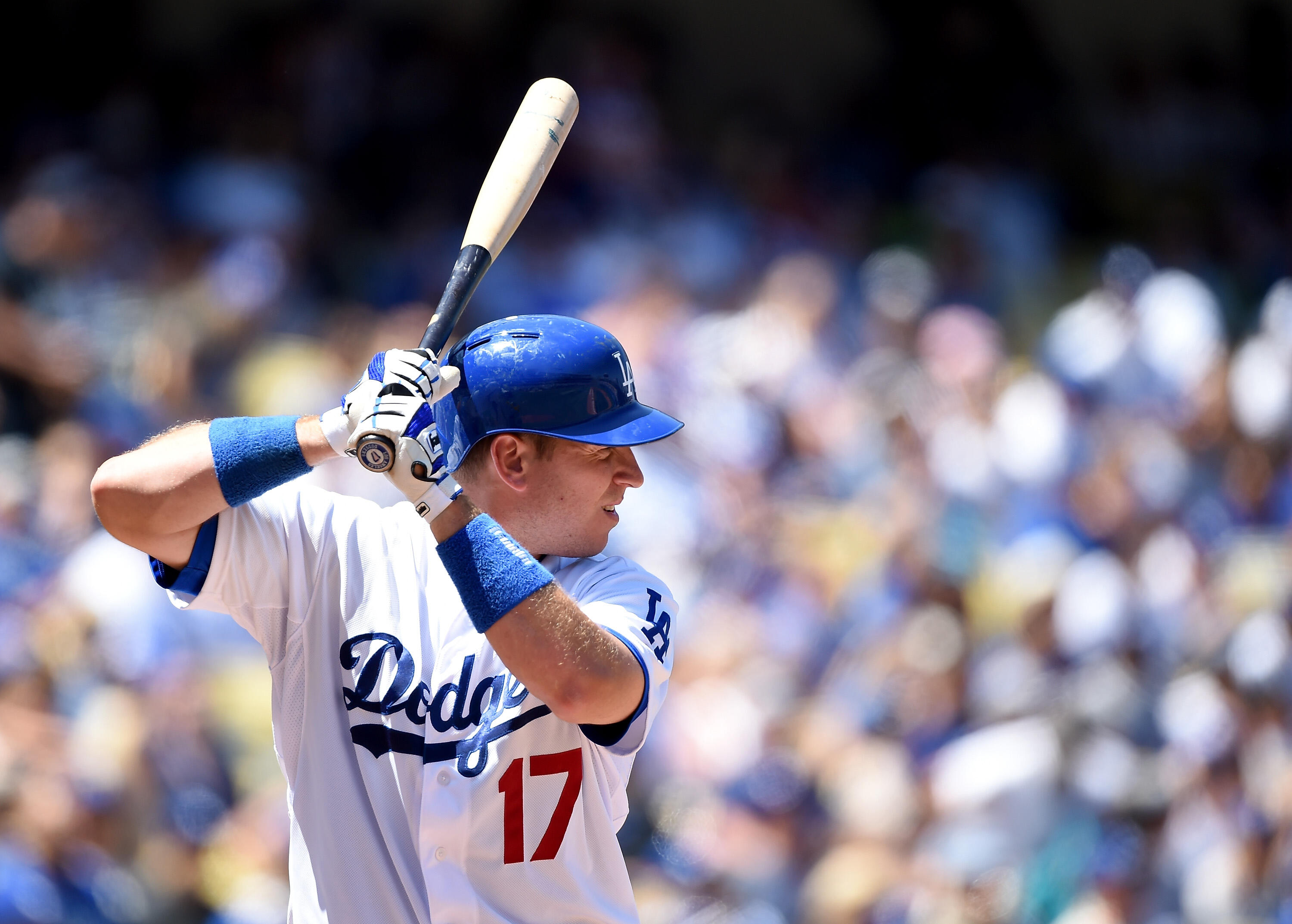 LOS ANGELES, CA - APRIL 19:  A.J. Ellis #17 of the Los Angeles Dodgers at bat during a 7-0 win over the Colorado Rockies at Dodger Stadium on April 19, 2015 in Los Angeles, California.  (Photo by Harry How/Getty Images)