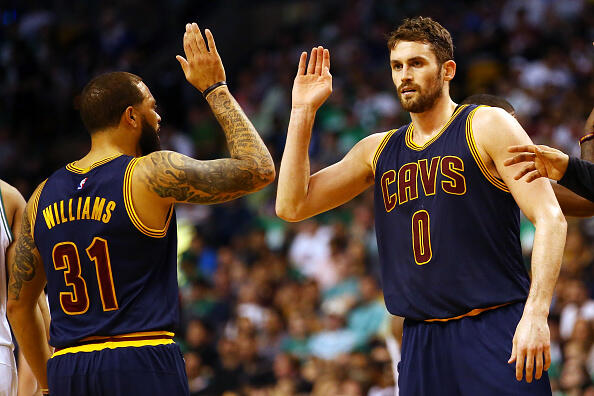 BOSTON, MA - MAY 19:  Deron Williams #31 high fives Kevin Love #0 of the Cleveland Cavaliers in the first half against the Boston Celtics during Game Two of the 2017 NBA Eastern Conference Finals at TD Garden on May 19, 2017 in Boston, Massachusetts. NOTE TO USER: User expressly acknowledges and agrees that, by downloading and or using this photograph, User is consenting to the terms and conditions of the Getty Images License Agreement.  (Photo by Adam Glanzman/Getty Images)
