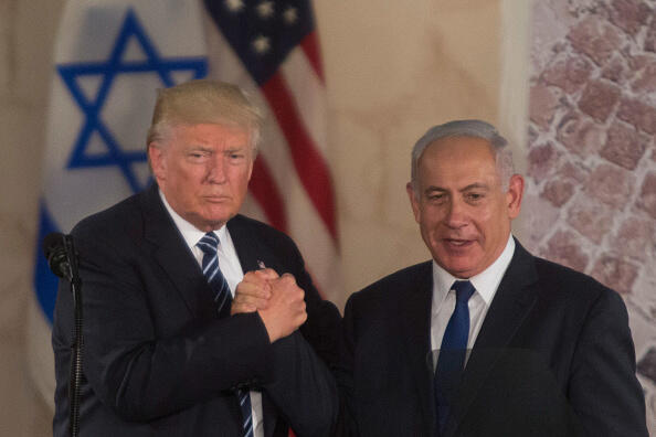JERUSALEM, ISRAEL - MAY 23:  (ISRAEL OUT) US President Donald Trump (L) and Israel's Prime Minister Benjamin Netanyahu shake hands after delivering a speech during a visit to the Israel Museum on May 23, 2017 in Jerusalem, Israel. U.S. President Donald Trump spend his second and final day visited Mahmoud Abbas in Bethlehem, then visit the Yad Vashem Holocaust memorial and delivering an address at the Israel Museum, both in Jerusalem, before departing for the Vatican.  (Photo by Lior Mizrahi/Getty Images)