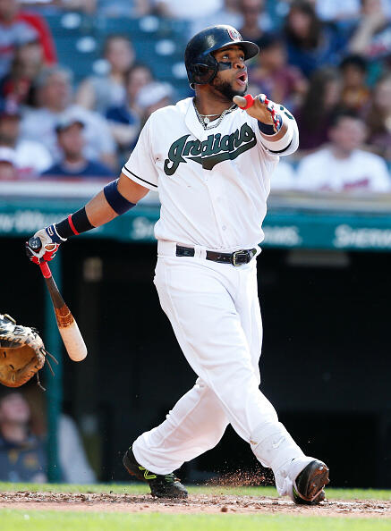 CLEVELAND, OH - MAY 29:  Carlos Santana #41 of the Cleveland Indians hits a solo home run off Daniel Mengden #33 of the Oakland Athletics during the fourth inning at Progressive Field on May 29, 2017 in Cleveland, Ohio. MLB players across the league are wearing special uniforms to commemorate Memorial Day. (Photo by Ron Schwane/Getty Images)