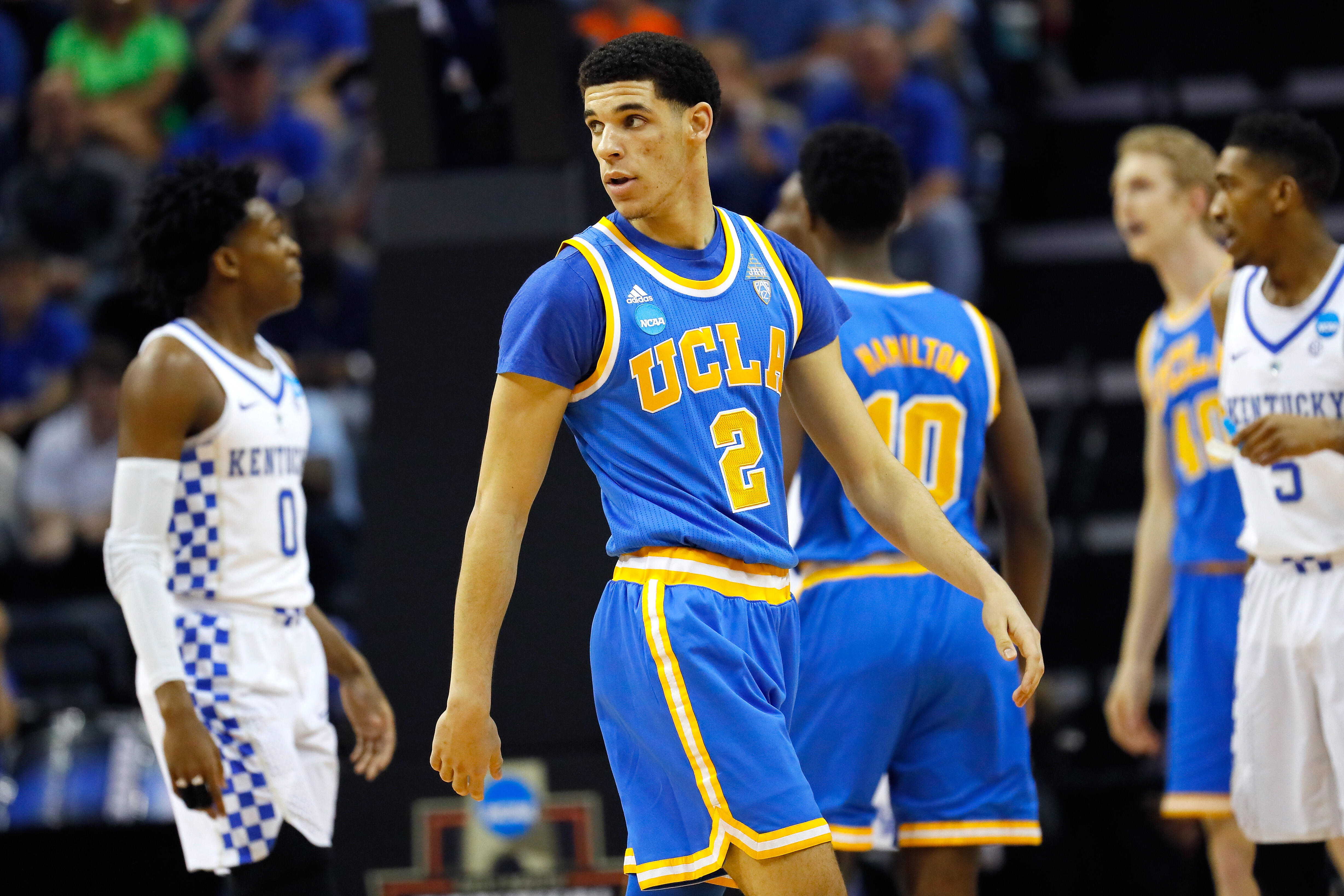 MEMPHIS, TN - MARCH 24: Lonzo Ball #2 of the UCLA Bruins looks on in the first half against the Kentucky Wildcats during the 2017 NCAA Men's Basketball Tournament South Regional at FedExForum on March 24, 2017 in Memphis, Tennessee.  (Photo by Kevin C. Co