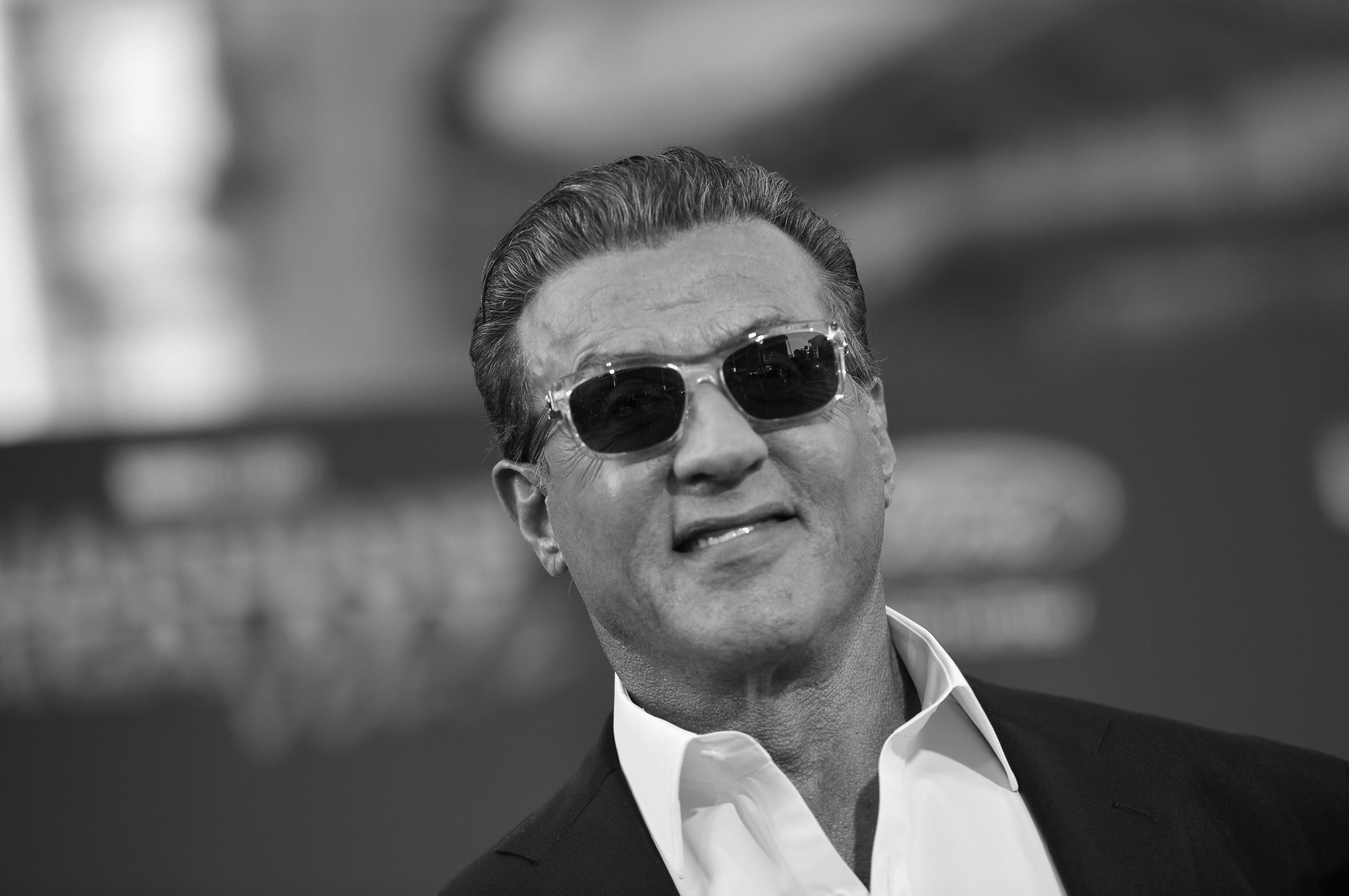 HOLLYWOOD, CA - APRIL 19:  (EDITORS NOTE: Image has been shot in black and white. Color version not available.) Actor Sylvester Stallone at The World Premiere of Marvel Studios Guardians of the Galaxy Vol. 2. at Dolby Theatre in Hollywood, CA April 