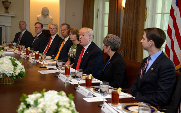 WASHINGTON, DC - JUNE 13:  President Donald Trump hosts a working lunch with members of Congress, including Sen. Tom Cotton (R-AR) (R), Sen. Joni Ernst (R-IA) (2nd, R) and (L-R) White House Director of Legislative Affairs Mark Short, Sen. Pat Toomey (R-PA), Sen. Rob Portman (R-OH), Sen. John Thune (R-SD) and Sen. Lisa Murkowski (R-AK) at the White House June 13, 2017, in Washington, DC. Trump and lawmakers discussed administration plans to reform the Affordable Care Act, also known as Obamacare.  (Photo by Mike Theiler-Pool/Getty Images)