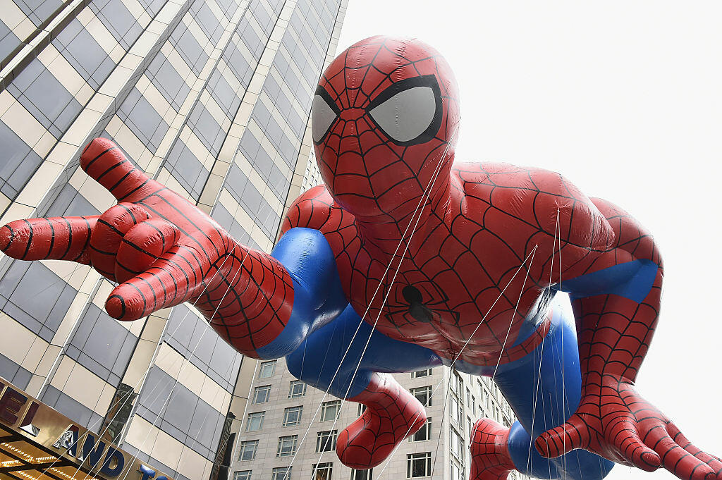 NEW YORK, NY - NOVEMBER 27:  Spiderman balloon during the 88th Annual Macy's Thanksgiving Day Parade on November 27, 2014 in New York City.  (Photo by Theo Wargo/Getty Images)