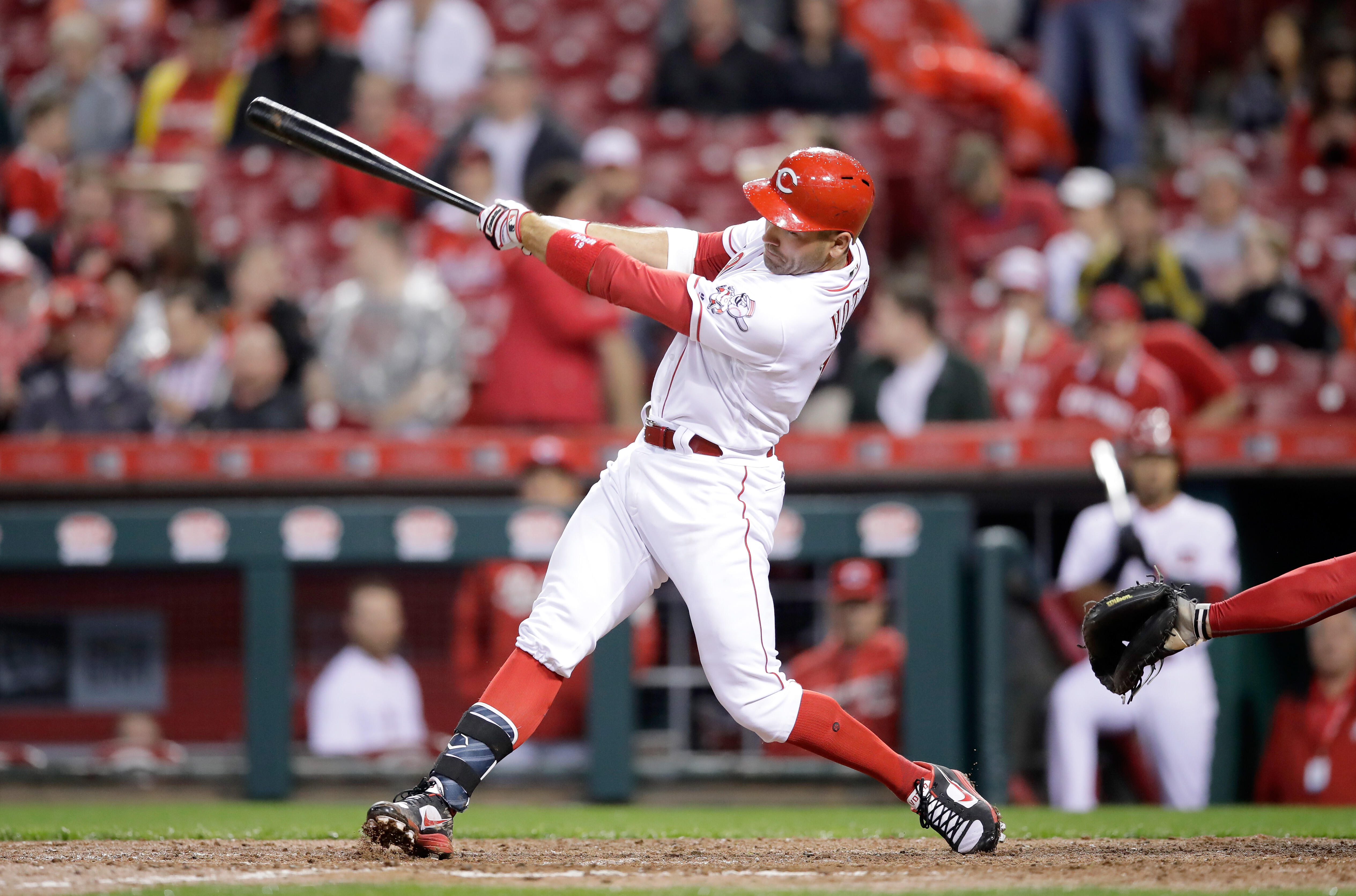 CINCINNATI, OH - APRIL 05:  Joey Votto #19 of the Cincinnati Reds hits a home run in the seventh inning against the Philadelphia Phillies at Great American Ball Park on April 5, 2017 in Cincinnati, Ohio.  (Photo by Andy Lyons/Getty Images)