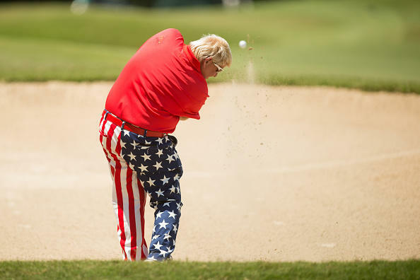 THE WOODLANDS, TX - MAY 07: John Daly of the United States plays his second shot from a bunker at the 11th hole during the third round of the PGA TOUR Champions Insperity Invitational at The Woodlands Country Club on May 7, 2017 in The Woodlands, Texas. (Photo by Darren Carroll/Getty Images)