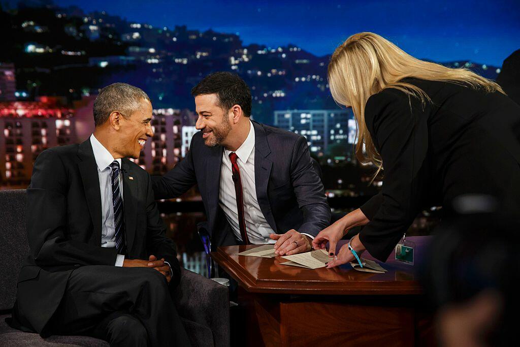 US President Barack Obama talks to host Jimmy Kimmel during a taping of the Jimmy Kimmel Live! show in the Hollywood neighborhood of Los Angeles, California, October 24, 2016.  / AFP / POOL / Marcus Yam        (Photo credit should read MARCUS YAM/AFP/Getty Images)
