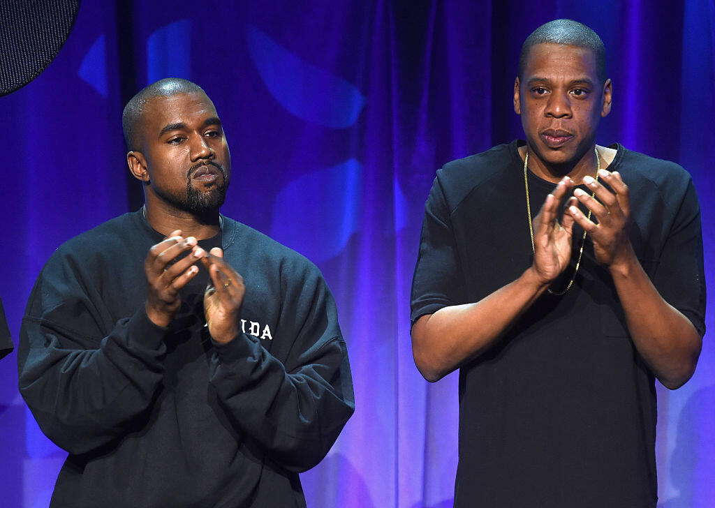 NEW YORK, NY - MARCH 30:  Kanye West (L) and JAY Z onstage at the Tidal launch event #TIDALforALL at Skylight at Moynihan Station on March 30, 2015 in New York City.  (Photo by Jamie McCarthy/Getty Images for Roc Nation)