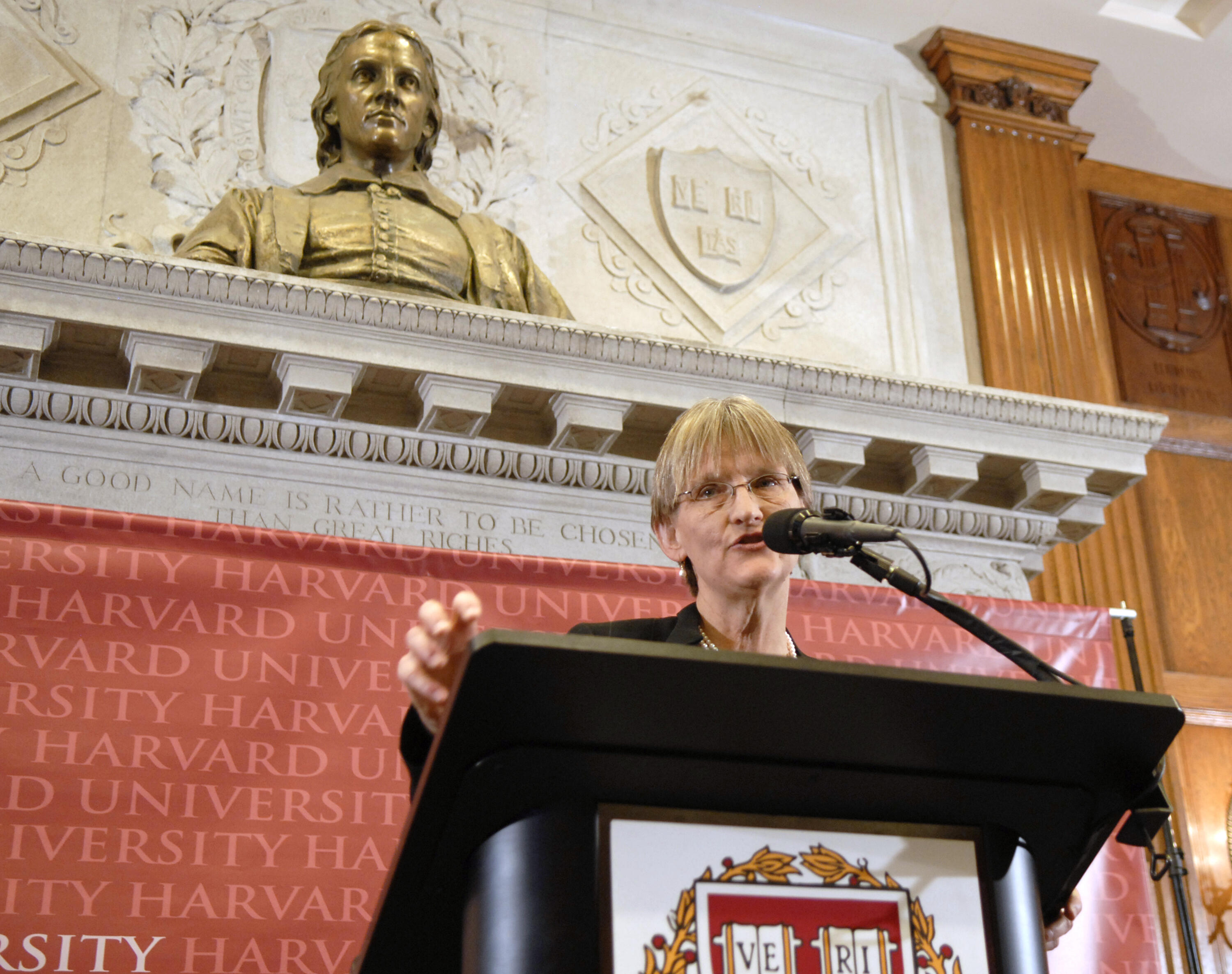 CAMBRIDGE, MA - FEBRUARY 11:  Historian Drew Gilpin Faust speaks at Harvard University in the Thompson Room of the Barker Center as she is named President of Harvard February 11, 2007 in Cambridge, Massachusetts.  Harvard appointed Faust as the first woma