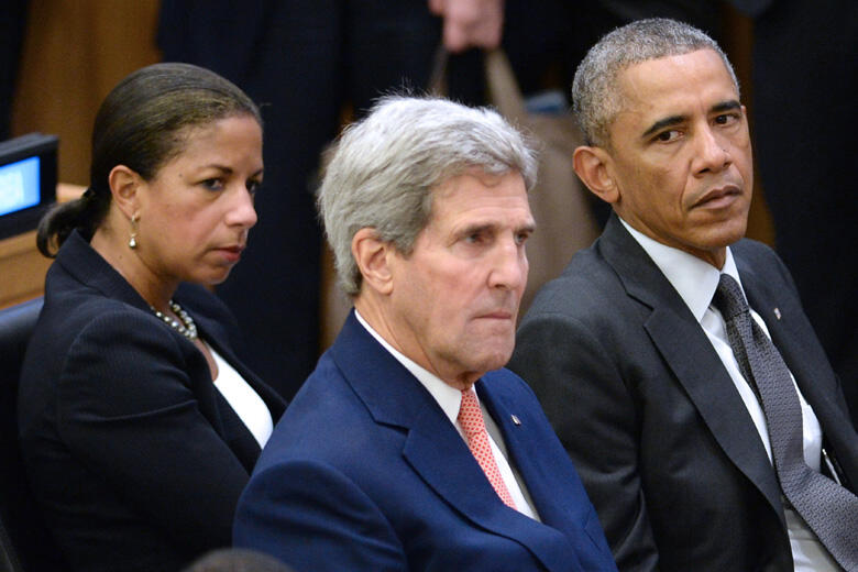 NEW YORK, NY - SEPTEMBER 25:  (AFP OUT) (L-R) U.S National Security Advisor Susan E. Rice, U.S. Secretary of State John Kerry and U.S. President Barack Obama sit before Obama gives remarks at a special high-level meeting regarding the Ebola virus outbreak