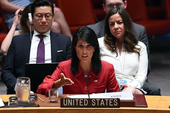 NEW YORK, NY - JULY 5: Nikki Haley, United States ambassador to the United Nations, speaks during an emergency meeting of the U.N. Security Council at United Nations headquarters, July 5, 2017, in New York City. The United States requested an emergency meeting of the U.N. Security Council after North Korea tested an intercontinental ballistic missile earlier this week. (Photo by Drew Angerer/Getty Images)