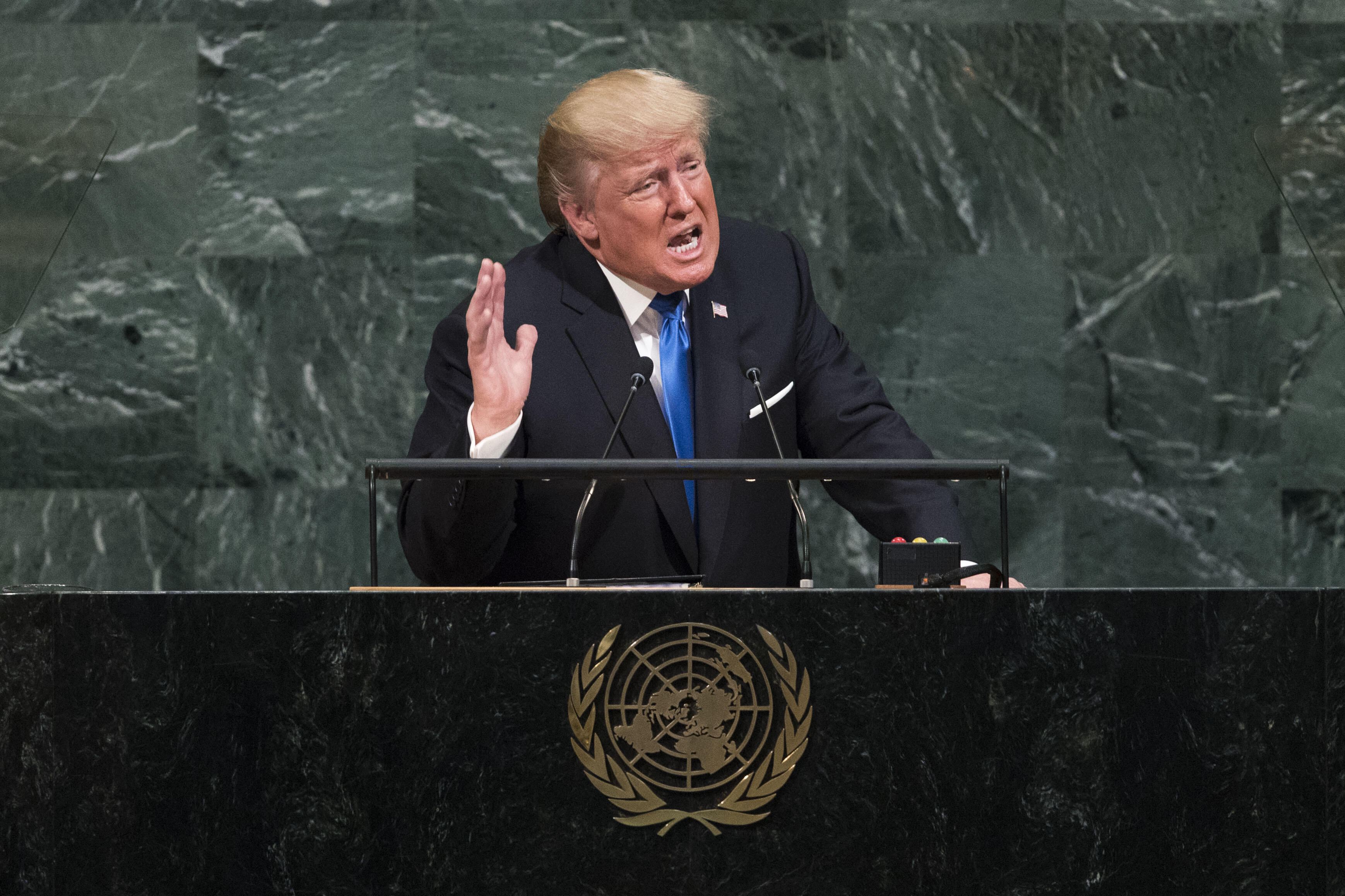 NEW YORK, NY - SEPTEMBER 19: U.S. President Donald Trump addresses the United Nations General Assembly at UN headquarters, September 19, 2017, in New York City. Among the issues facing the assembly, this year are North Korea's nuclear development, violence against the Rohingya Muslim minority in Myanmar and the debate over climate change. (Photo by Drew Angerer/Getty Images)