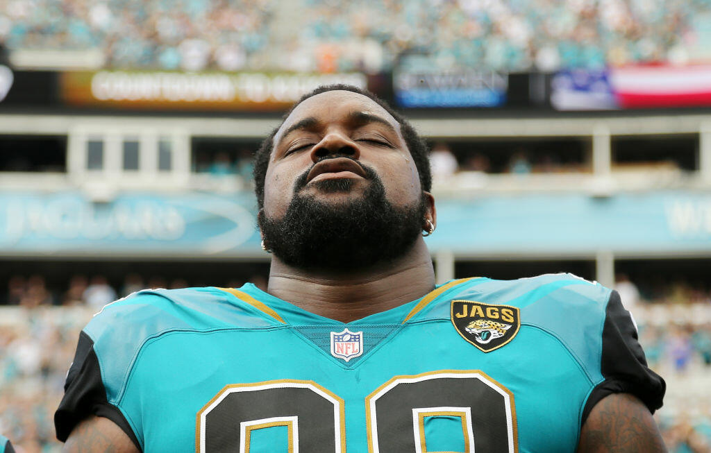 JACKSONVILLE, FL - NOVEMBER 05: Marcell Dareus #99 of the Jacksonville Jaguars waits in the bench area prior to the start of their game against the Cincinnati Bengals at EverBank Field on November 5, 2017 in Jacksonville, Florida. (Photo by Logan Bowles/Getty Images)