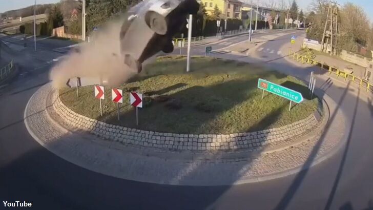 Video: Speeding Car Goes Airborne After Slamming into Roundabout in Poland