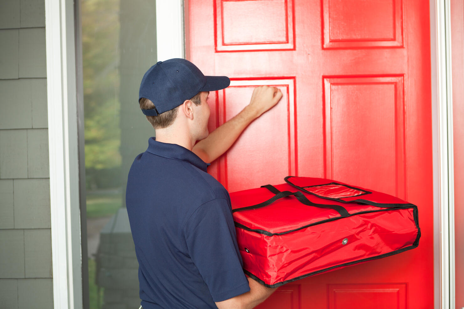 Pizza Delivery Man Delivering Food Package to Customer's Door Hz