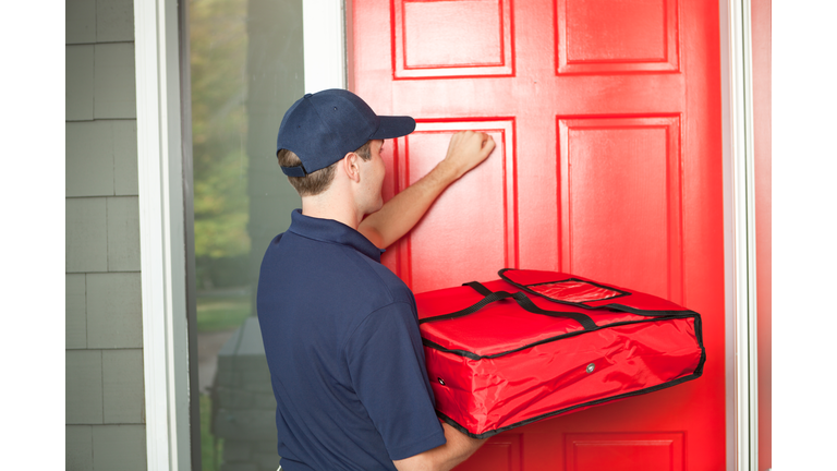 Pizza Delivery Man Delivering Food Package to Customer's Door Hz