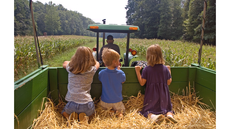 Siblings go for a hay ride