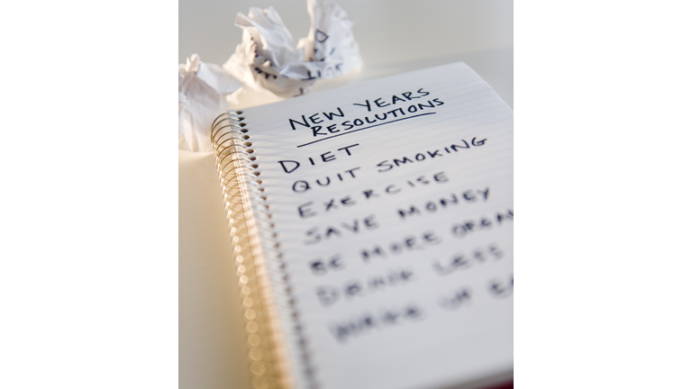 USA, New Jersey, Jersey City, close up of notebook with list of resolutions for new year