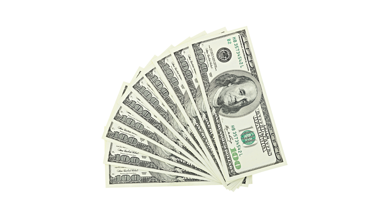View from top fan American money hundred dollar bill isolated on white background clipping path. Pile US 100 banknote