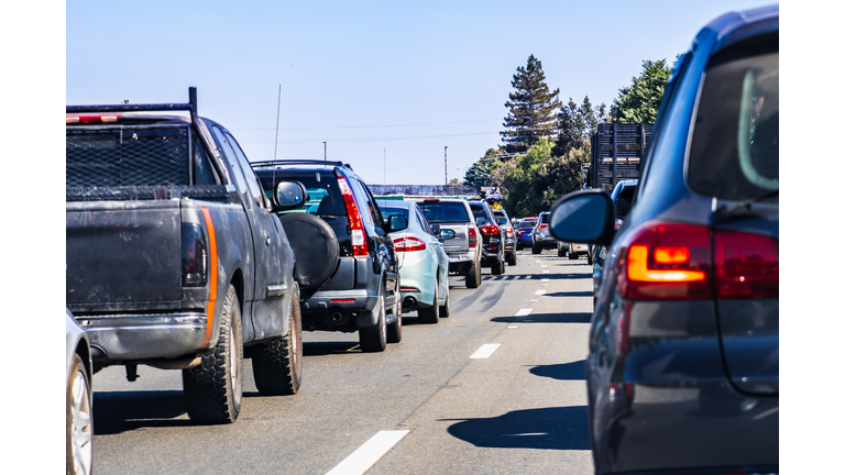 Heavy traffic on one of the freeways crossing Silicon Valley, San Francisco bay area, California