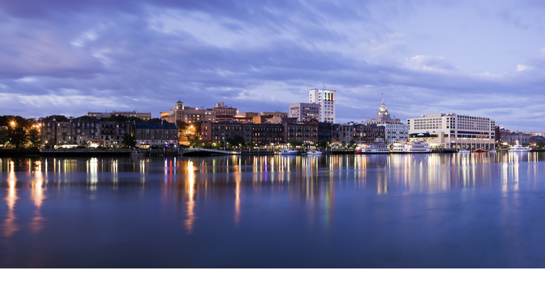 USA, Georgia, Savannah, City skyline by river