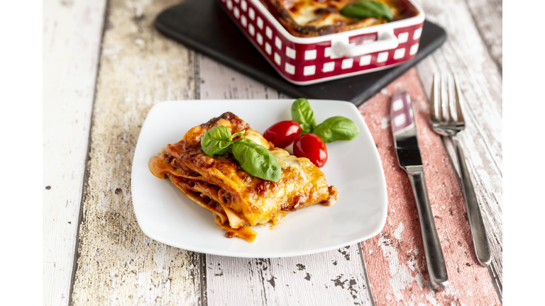 Vegetarian lasagne bolognese with basil and tomato