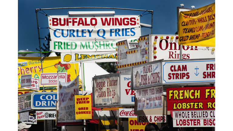 Food stands selling fried foods at Goshen Fair, Goshen, Ct.