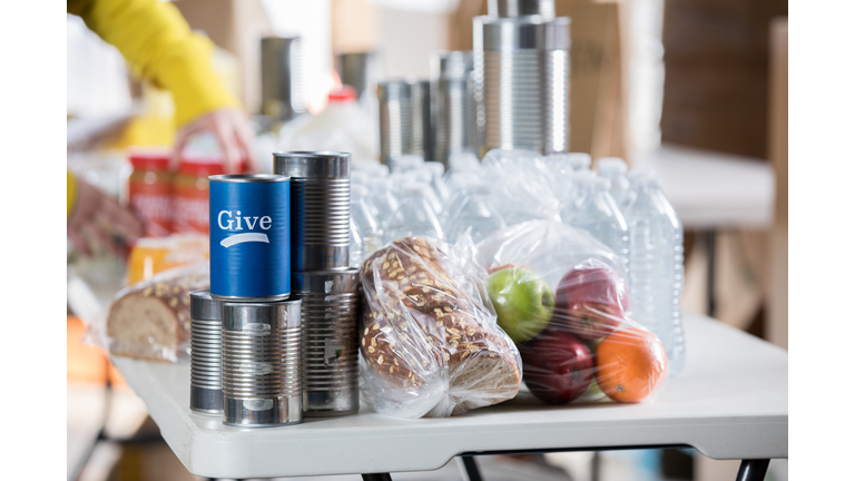 Donated food items on a table during food drive