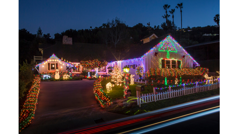 House with abundant exterior Christmas lights